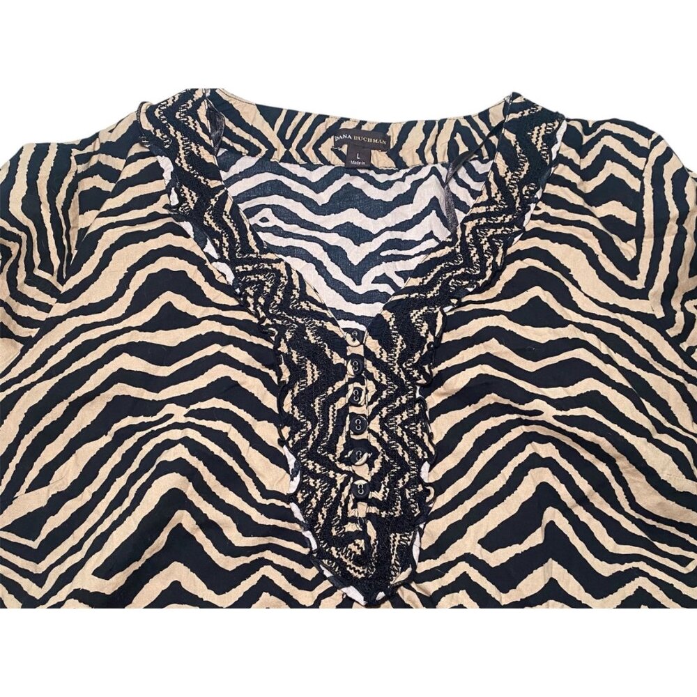 Zebra Print V-Neck Tunic Top Long Sleeves Womens Size L Exotic Casual Boho‎